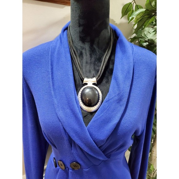 Moqivgi Women's Solid Blue Rayon V-Neck Long Sleeve Knee Length Dress Medium - Picture 2 of 10